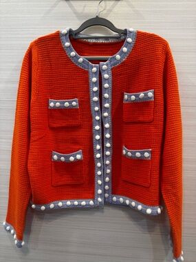 Amazon Bright Orange Knit Cardigan with Light Blue and White Pom-Pom Trim size L